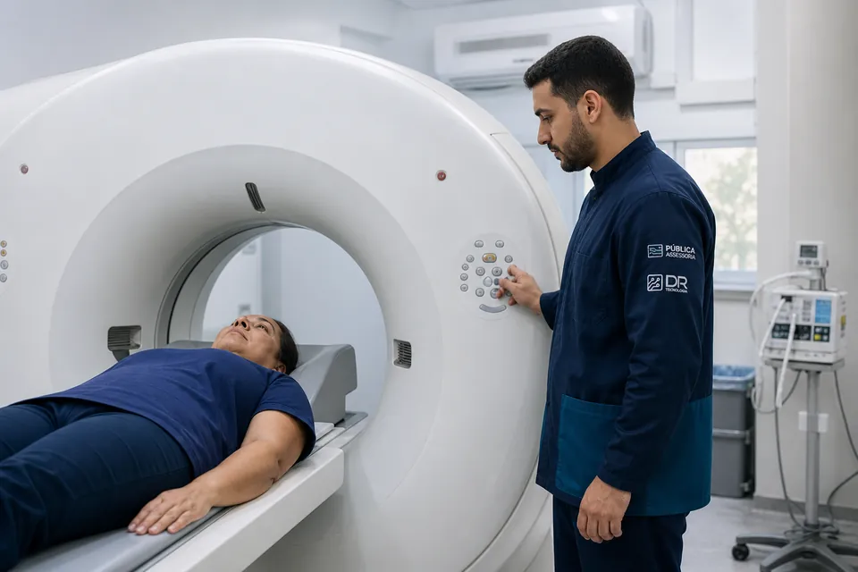 Paciente realiza tomografia acompanhada por um profissional de radiologia em um hospital.