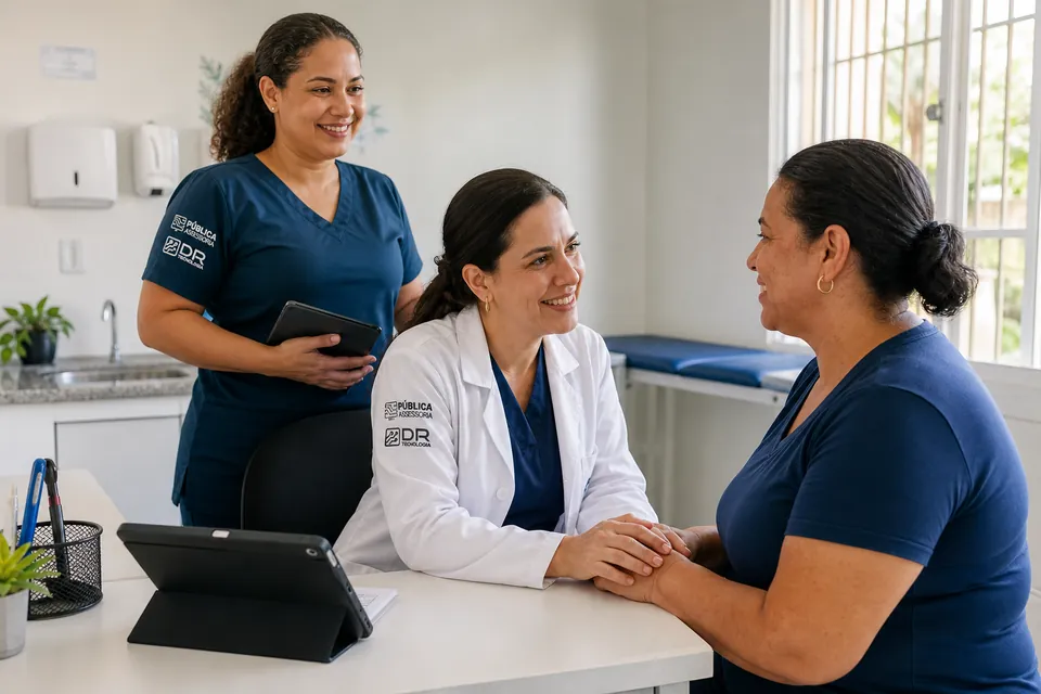 Médica e profissional de enfermagem acolhem uma paciente em uma Unidade Básica de Saúde.