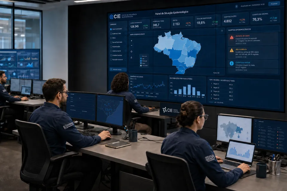 Quatro profissionais sentados trabalham em uma sala de inteligência em saúde; monitores selecionados exibem o sistema CIE e o videowall mostra um painel epidemiológico.