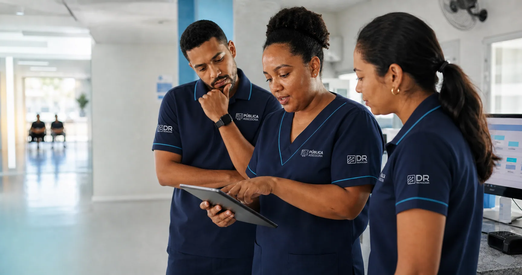 Equipe multidisciplinar em uniforme da Pública Assessoria e do Grupo DR Tecnologia analisando informações em um tablet.