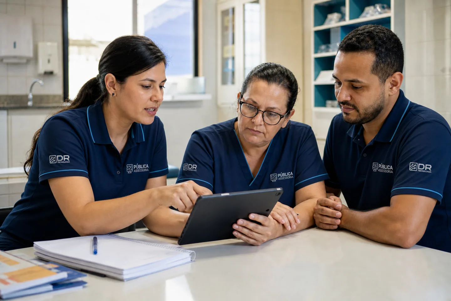 Equipe em uniformes da Pública Assessoria e do Grupo DR Tecnologia durante uma capacitação com tablet.