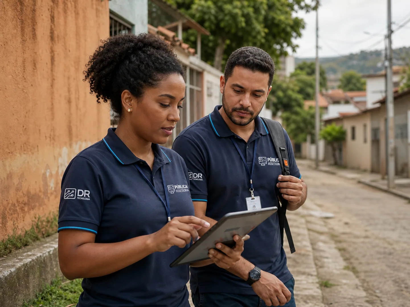 Profissionais em uniformes da Pública Assessoria e do Grupo DR Tecnologia usando um tablet durante atividade em campo.